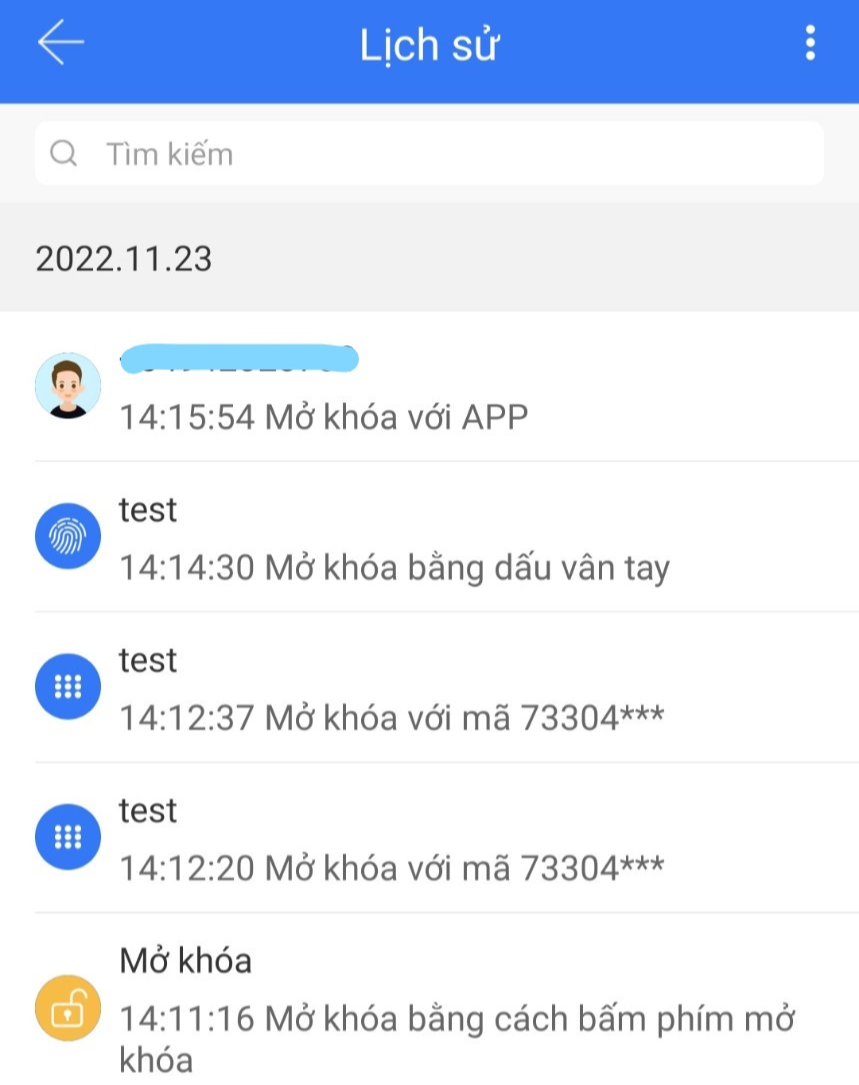 Lịch sử mở khoá vân tay trên ứng dụng điện thoại